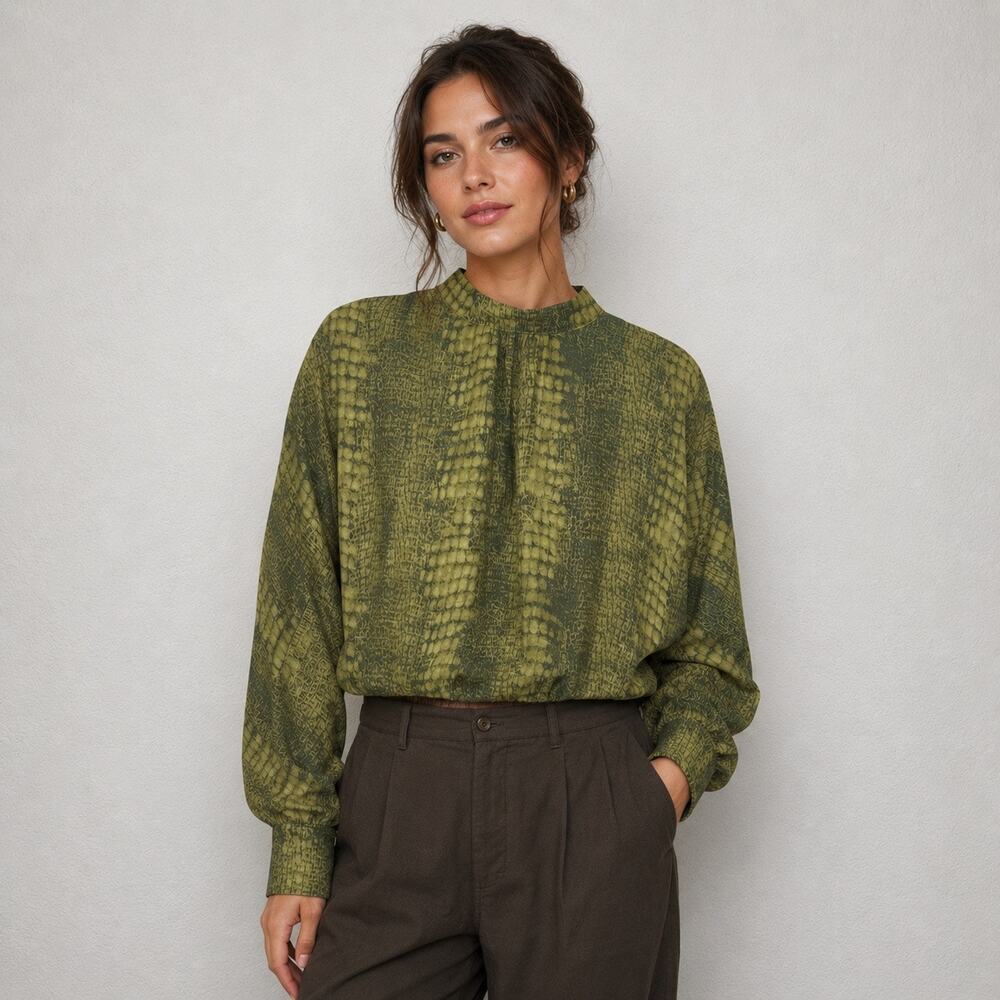 Maison D’ Amelie Size Medium Alligator Print Blouse Olive Green Long Sleeves